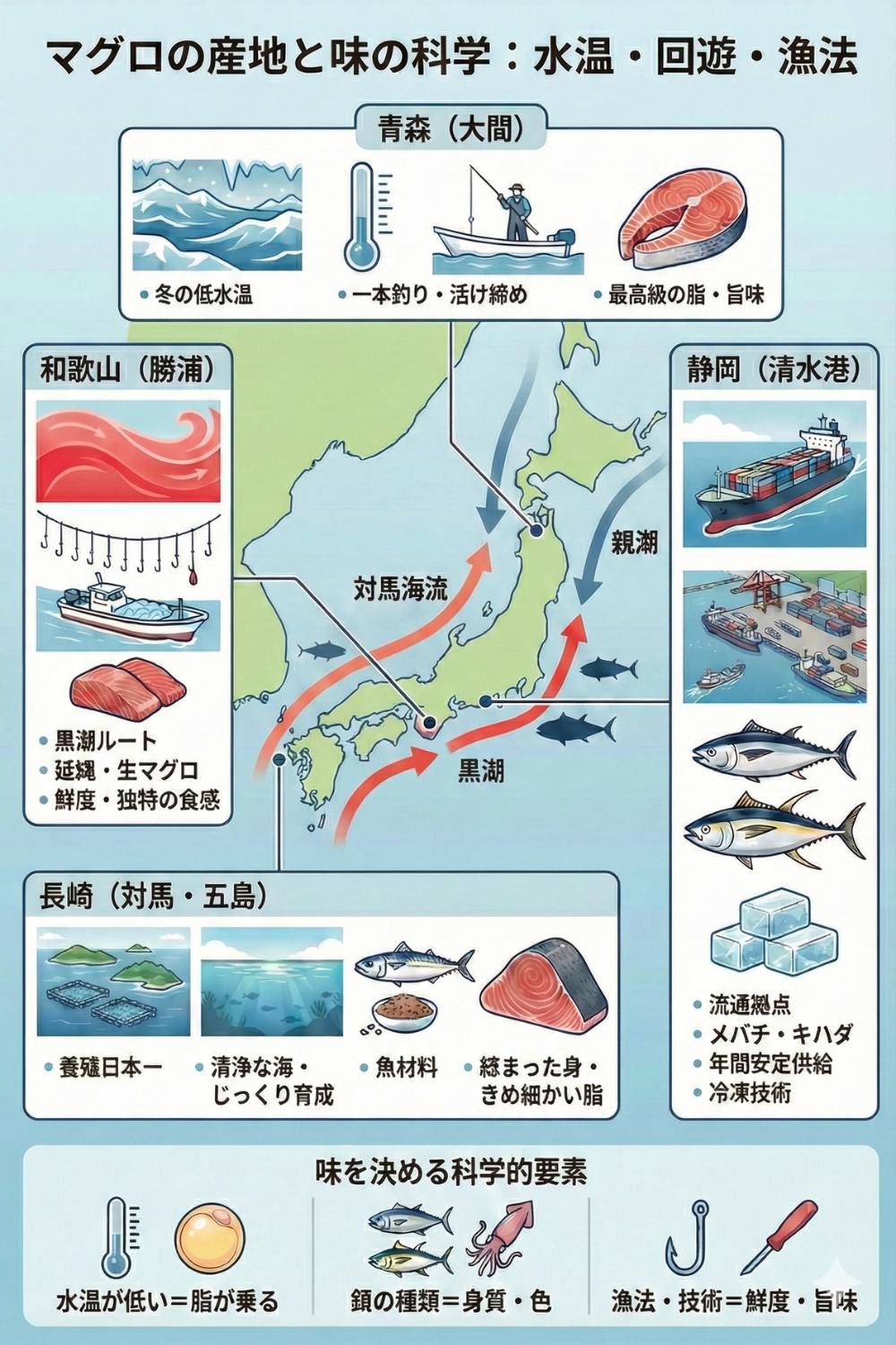 マグロの産地で味が変わる理由——青森・静岡・和歌山・長崎マグロの科学のサマリー