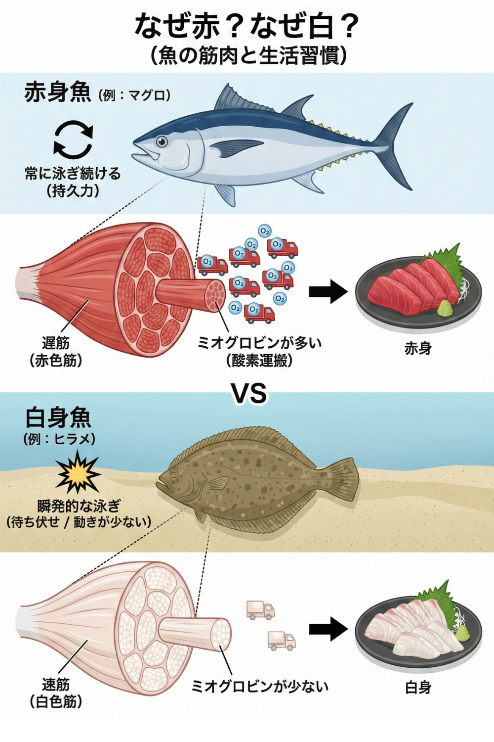 なぜマグロは赤くてヒラメは白いのか——刺身の色の科学のサマリー